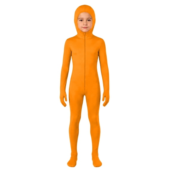 Rggeeun Child Orange Full Body Jumpsuit Zip Up Closure Open Face Hood Slim Fit Stretch for Halloween Workout Stylish One-Pieces,Orange,7-8 Years