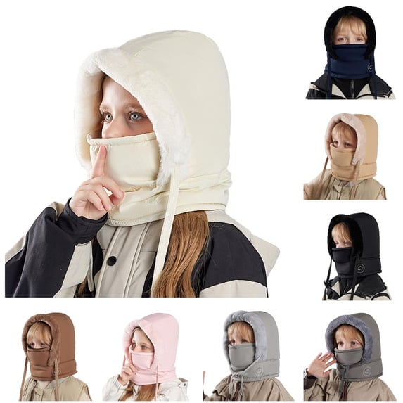 Rggeeun Child Solid Color Windproof Hat Thermal Lined with Adjustable Drawstring Cold Weather Protection Winter Cap Boy and Girl Outdoor Wear Stylish,Beige,One Size