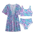 thumbnail image 1 of Rggeeun Children Girls Beachwear Three Piece Square Collar Sleeveless Floral Print Separates With Mesh Cover Up For Big Kids And Teens,Purple,8-9 Years, 1 of 3