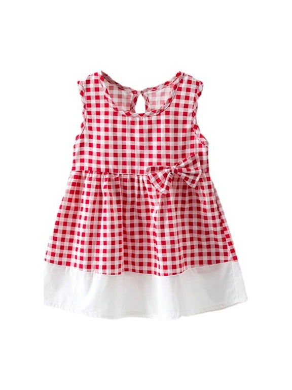 Children Kid Toddler Baby Girls Sleeveless Cotton Plaid Bowknot Patchwork Princess Dresses Clothes Birthday Casual O-Neck Sundress