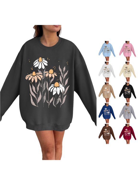 Crew Neck Sweatshirts Women Cute Flower Leaf Graphic Long Sleeve Tops Soft Sweatshirt Oversized Fall Winter Pullover Outdoor Wear Comfort,Gray,L