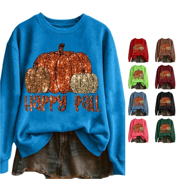 Rggeeun Crew Neck Sweatshirts Women Pumpkin Pattern Plus Size Loose Long Sleeve Soft Relaxed Fit for Halloween Training Simple Tops,Blue,L