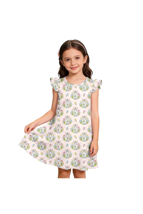 Easter Bunny Egg Print Girls Sleeveless Dress O-Neck Cute Toddler Party Holiday Floral Smocked Dresses Leisure Casual Sundress