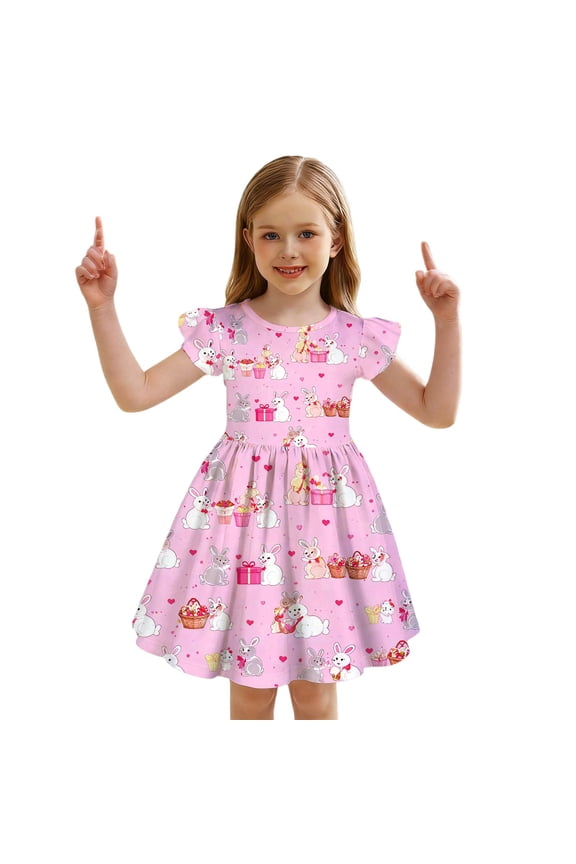 Easter Bunny Print Girls Dress Flutter Sleeve O-Neck Party Dress Toddler Baby Girl Floral Occasion Versatile Casual Sundress