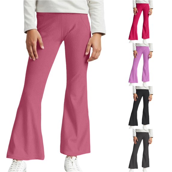 Rggeeun Girl Child Yoga Pants Back To School Solid Color Elastic Waist Slim Fit Leggings Stretch Ankle Length Lightweight Bootcut Evening Party Stylish Trousers,Pink,13-14 Years
