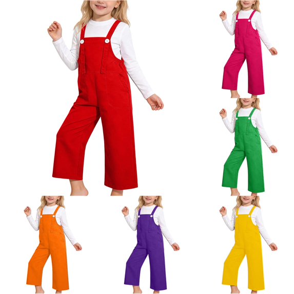 Rggeeun Girl's Child Wide Leg Pants Solid Color Loose Fit Stretch Ankle Length Side Pockets Suspender Pants Soft Breathable For Outdoor Workout Basic Trousers,Red,6-7 Years