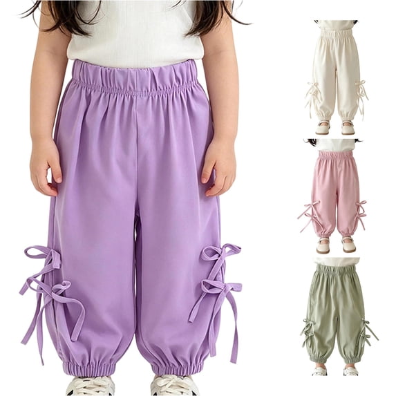 Rggeeun Girl's Child Wide Leg Pants Tapered Hem Side Bowknot Solid Color Pleated Elastic Waist Calf Length Breathable Relaxed Fit Workout Leisure Trousers,Purple,8-9 Years