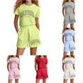 thumbnail image 1 of Rggeeun Girls Child Clothes Sets Letter Print Short Sleeve Crew Neck Knit Top & Elastic Waist Wide Leg with Side Pockets and Adjustable Tie Shorts for Summer Family Reunion Sweet Set,Green,9-10 Years, 1 of 4