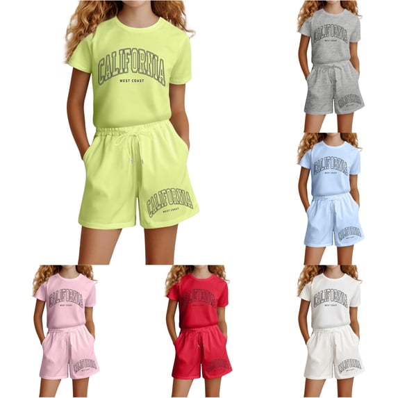 Rggeeun Girls Child Clothes Sets Letter Print Short Sleeve Crew Neck Knit Top & Elastic Waist Wide Leg with Side Pockets and Adjustable Tie Shorts for Summer Family Reunion Sweet Set,Green,9-10 Years