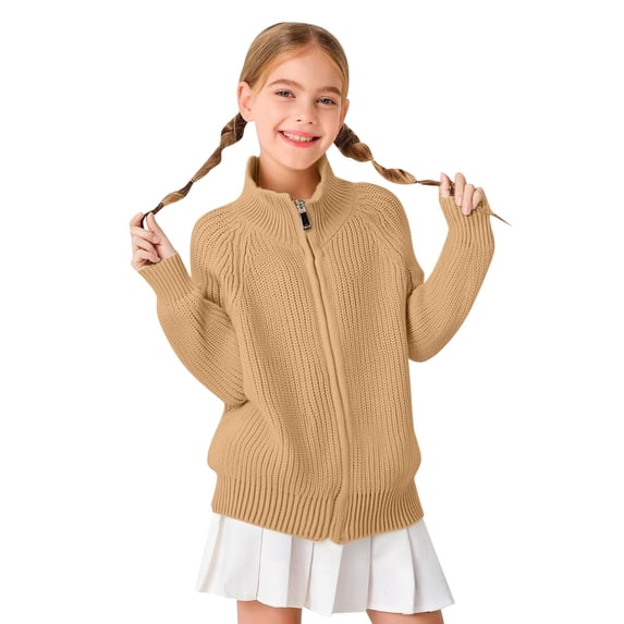 Rggeeun Girls Child Sweaters Classic Solid Color Lapel Zip Open Front Cardigan Jacket Slim Fit Long Sleeve Comfortable Knitted Outerwear For Children Relaxed Fit Knitwear,Khaki,6-7 Years