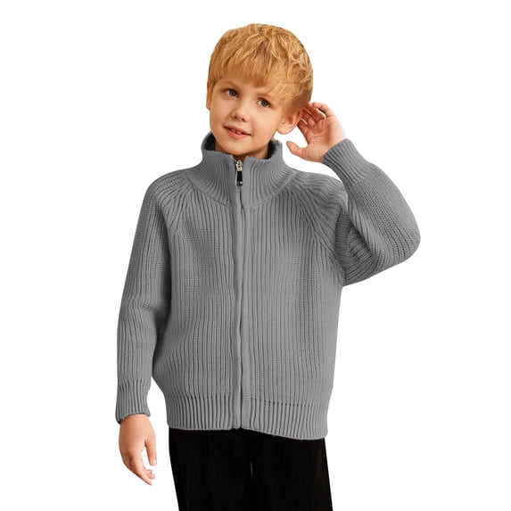 Rggeeun Girls Child Sweaters Classic Solid Color Lapel Zip Open Front Cardigan Jacket Slim Fit Long Sleeve Comfortable Knitted Outerwear For Children Relaxed Fit Knitwear,Grey,5-6 Years