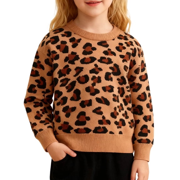 Rggeeun Girls Child Sweaters Leopard Pattern Design Long Sleeve Round Neck Soft Knit Trendy Warm For Everyday Stylish Pullover,Brown,4-5 Years