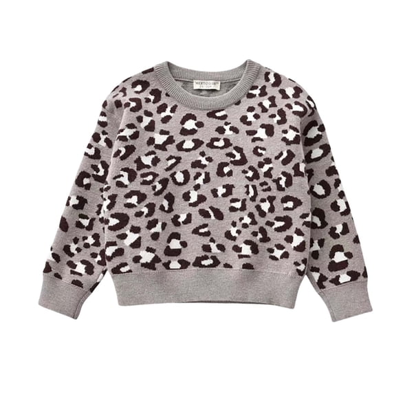 Rggeeun Girls Child Sweaters Leopard Pattern Design Long Sleeve Round Neck Soft Knit Trendy Warm For Everyday Stylish Pullover,Grey,1-2 Years