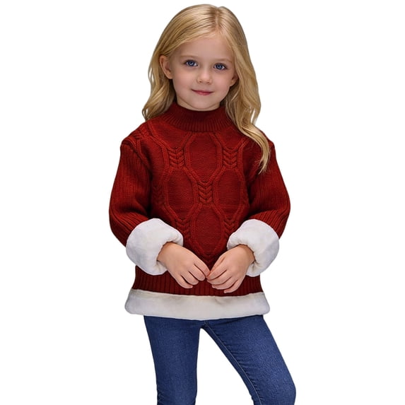 Rggeeun Girls Child Sweaters Solid Color Knitted Lined Long Sleeve Crew Neck Winter Thermal Soft Cozy Kids Trendy Pullover,Red,4-5 Years