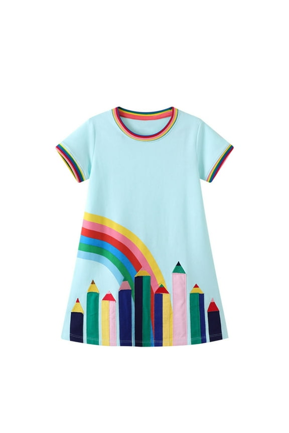 Girls Dresses Casual Short Sleeve Cartoon Pencil Print Comfortable Daily Wear Play Dresses Toddler Kids Spring Summer Fall Fashionable O-Neck Sundress