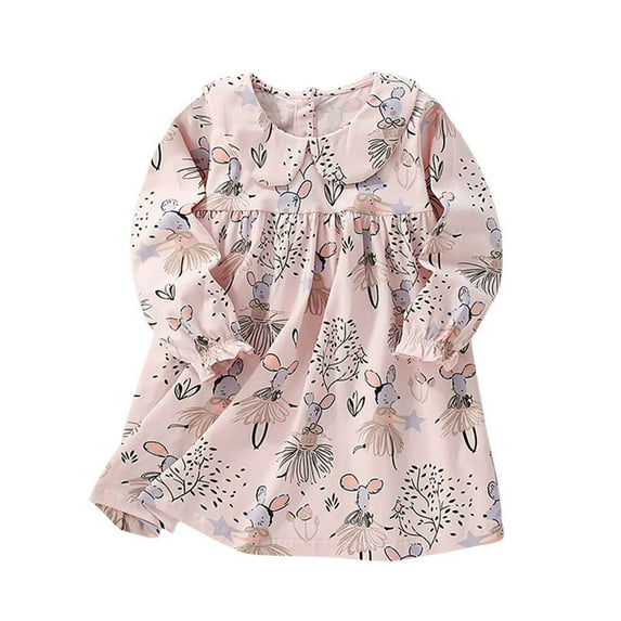 Rggeeun Girls Dresses Floral Print Long Sleeve Dress With Collar Toddler Kids Casual Party Wear Cozy O-Neck Sundress