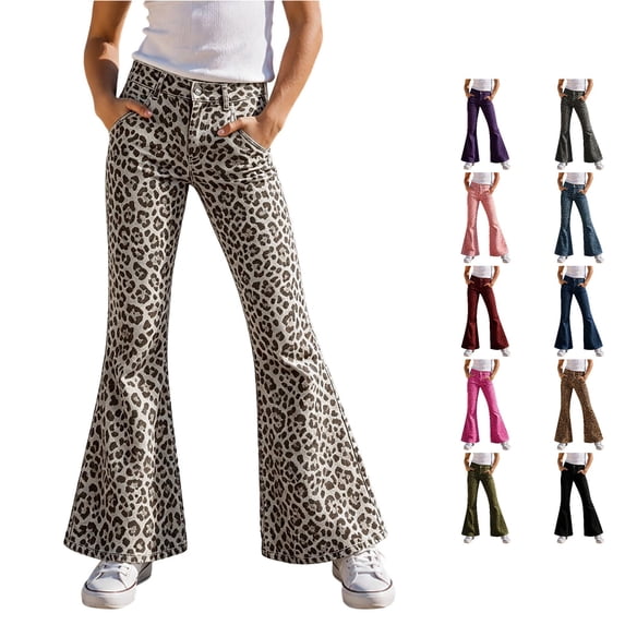 Rggeeun Girls Leggings Cute Leopard Graphic Stretch Athletic Yoga Pants Active Bootcut Elastic Waist With Pockets Festive Adorable,Purple,5-6 Years
