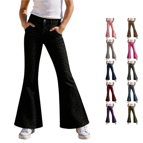 Rggeeun Girls Leggings Cute Leopard Graphic Stretch Athletic Yoga Pants Active Bootcut Elastic Waist With Pockets Vacation Classic,Black,5-6 Years