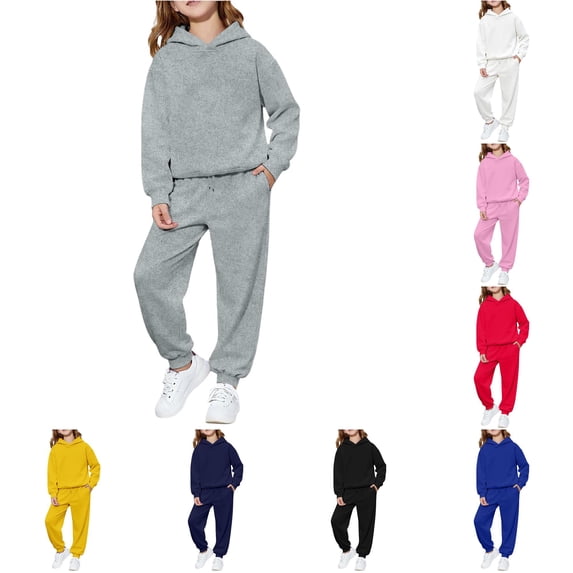 Rggeeun Girls Sets Casual Hoodie Athletic Baggy Sweatpants Matching Sets Drawstring Pockets Gym Classic,Gray,12-13 Years