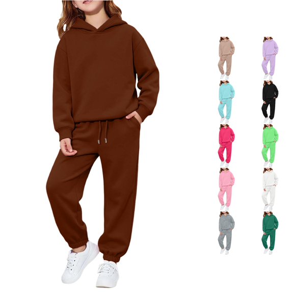 Rggeeun Girls Sets Casual Hoodie Athletic Baggy Sweatpants Matching Sets Drawstring Pockets Holiday Adorable,Brown,10-11 Years