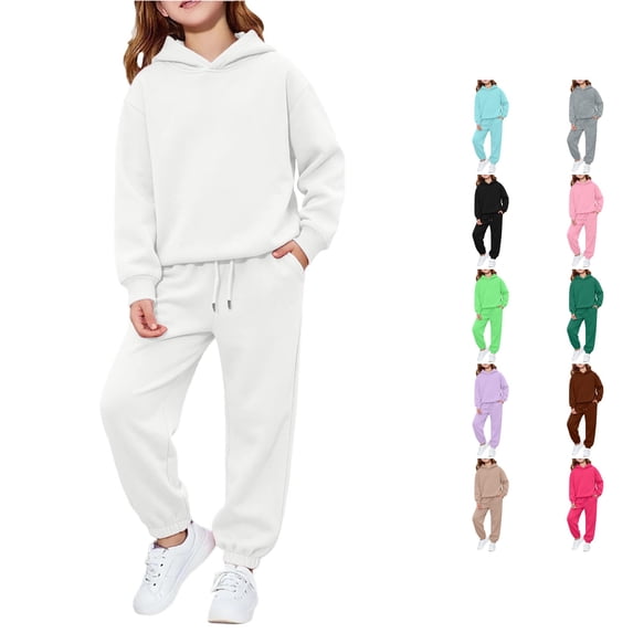 Rggeeun Girls Sets Casual Hoodie Athletic Baggy Sweatpants Matching Sets Drawstring Pockets Outdoor Wear Versatile,White,6-7 Years