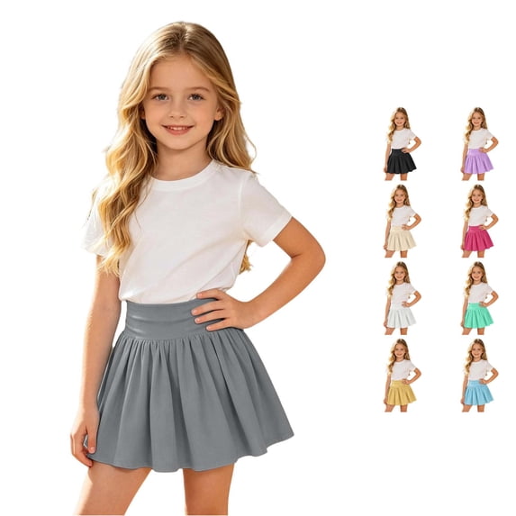 Rggeeun Girls Skirt Pleated Elastic Waist A-Line Soft Mini Skirts Outdoor Activities,Gray,7-8 Years