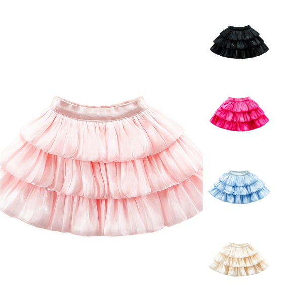 Rggeeun Girls Skirts A-Line Layered Soft Ruffle Pleated Skirt Elastic Waist Travel Party,Pink,7-8 Years