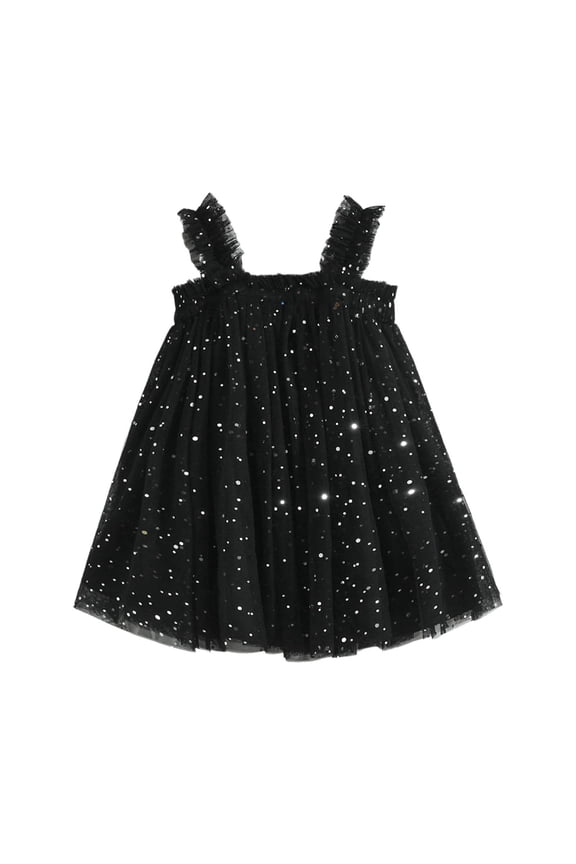 Girls Summer Party Dress With Star Moon Layer Sparkly Puff Sleeveless Dress Toddler Kids Holiday Celebration Trendy Casual O-Neck Sundress