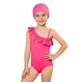 thumbnail image 1 of Rggeeun Girls Swim Wear Slash Neck Sleeveless Ruffles Solid Color With Matching Swim Cap For Youth Comfortable Bathing Wear,Hot Pink,3-4 Years, 1 of 4