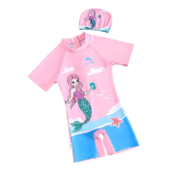Rggeeun Girls Toddler One-Piece Cartoon Print Short Sleeve Crew Neck Back Zipper Knit Slim Fit Elastic with Matching Hat for Summer Beach Play Graceful Swimwear,Pink,8-9 Years