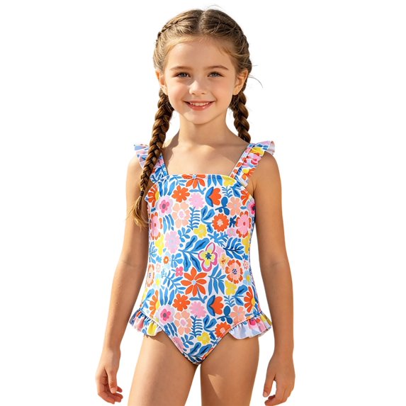 Rggeeun Girls Toddler One-Piece Colorful Floral & Leaves Pattern Wide Straps Square Neck U-Back Elastic with Ruffle for Summer Beach Play Fashion Bathing Suit,Pink,5 Years
