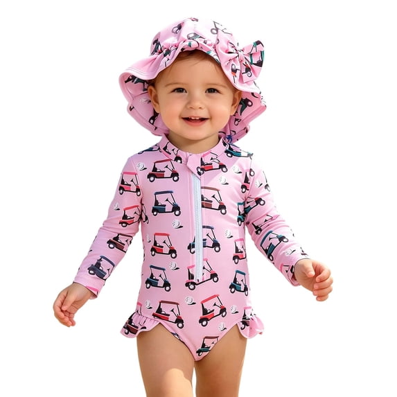 Rggeeun Girls Toddler One-Piece Cute Truck Pattern Long Sleeve Crew Neck Front Zipper Knit Slim Fit Elastic with Matching Hat for Summer Water Surfing Lightweight Swimwear,Red,6-12 Months