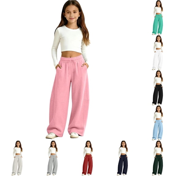 Rggeeun Girls Wide Leg Pants Athletic Baggy Sweatpants Training Breathable Trousers Elastic Waist With Pockets Party Adorable,Pink,5-6 Years