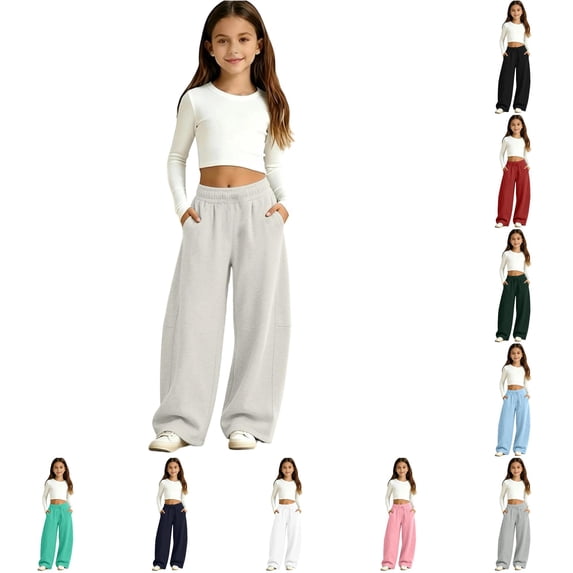 Rggeeun Girls Wide Leg Pants Athletic Baggy Sweatpants Training Breathable Trousers Elastic Waist With Pockets Streetwear Cozy,Green,14-15 Years