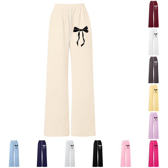 Rggeeun Girls Wide Leg Pants Baggy Sweatpants Cute Bow Graphic Athletic Training Pant With Drawstring Elastic Waist With Pockets Outdoor Wear Stylish,Beige,13-14 Years