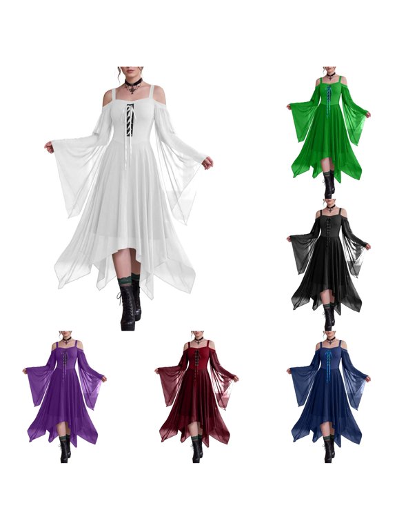Halloween for Women Renaissance Women Bell Sleeve Tops for Women Maxi Dress Gothic Dress Off The Shoulder High Low Dress Holiday Elegant,White,S
