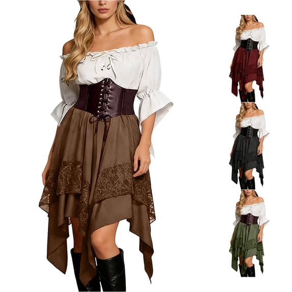 Rggeeun Halloween for Women Renaissance Women Gothic Dress Corset Dress Fly Sleeve Lapel Collar Ruffle Bow Dress Evening Party Versatile,Brown,2Xl