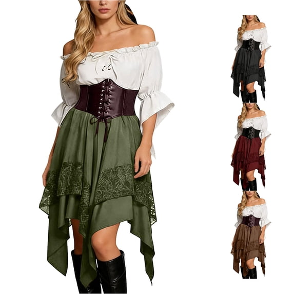 Rggeeun Halloween for Women Renaissance Women Gothic Dress Corset Dress Fly Sleeve Lapel Collar Ruffle Bow Dress Outdoor Picnics Elegant,Green,Xl