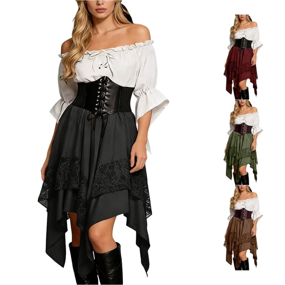 Rggeeun Halloween for Women Renaissance Women Gothic Dress Corset Dress Fly Sleeve Lapel Collar Ruffle Bow Dress Streetwear Classic,Black,M