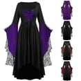 thumbnail image 1 of Rggeeun Halloween for Women Renaissance Women Maxi Dress Floral Graphic Bell Sleeve Tops for Women High Low Dress Tie-Front Lace Up Halloween Witch Dress Party Leisure,Black,M, 1 of 5