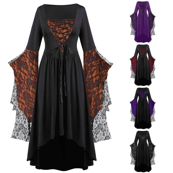 Rggeeun Halloween for Women Renaissance Women Maxi Dress Floral Graphic Bell Sleeve Tops for Women High Low Dress Tie-Front Lace Up Halloween Witch Dress Festival Fashion,Orange,3Xl