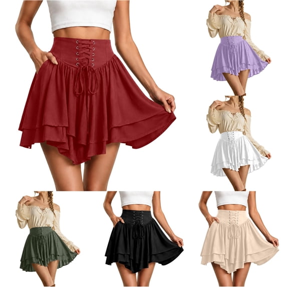 Rggeeun Halloween Costumes for Women Renaissance Corset Halloween Costumes Layered Ruffle A Line Skirt Party Stylish,Red,L