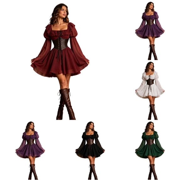 Rggeeun Halloween Costumes for Women Renaissance Costume Women Corset Dress Square Neck Long Sleeve Gothic Dress Festival Stylish,Red,M