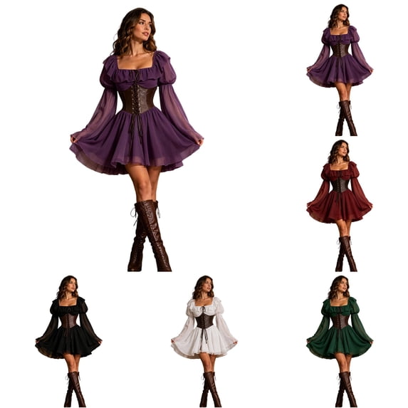 Rggeeun Halloween Costumes for Women Renaissance Costume Women Corset Dress Square Neck Long Sleeve Gothic Dress Outdoor Picnics Versatile,Purple,M