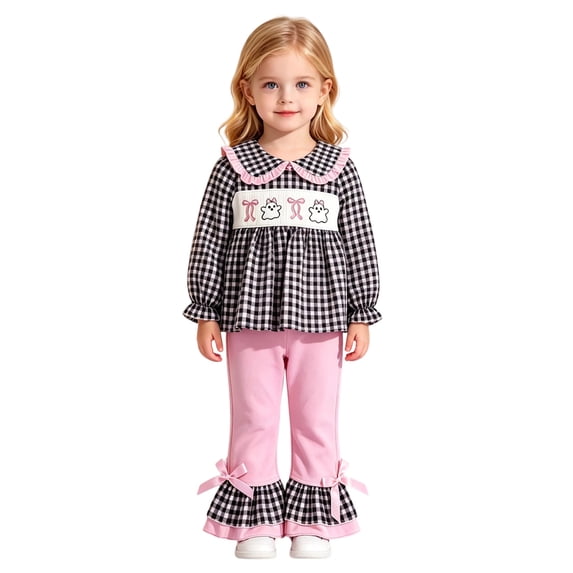 Rggeeun Halloween Girls Outfits Cute Tops Plaid Shirts Baggy Pants Bow Ruffle Flared Hem Matching Sets Daily Wear Classic,Black,2-3 Years