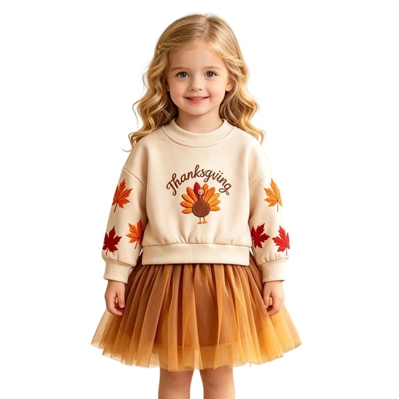 Rggeeun Halloween Girls Sets Cute Tops Crew Neck Sweatshirt Pleated Skirt Graphic Mesh Fall Outfits Outdoor Wear Classic,Brown,12-18 Months