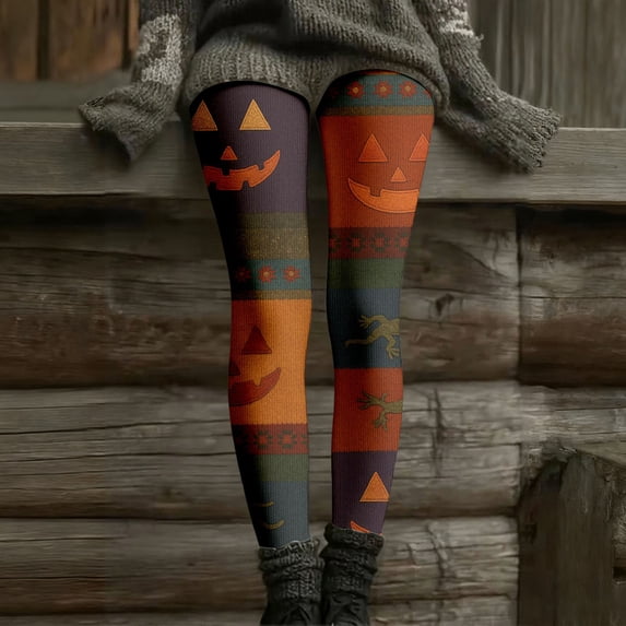 Rggeeun Halloween Leggings for Women Soft Yoga Pants Cat Graphic Elastic Waist Womens Fall Clothes Evening Party Classic,Orange,M