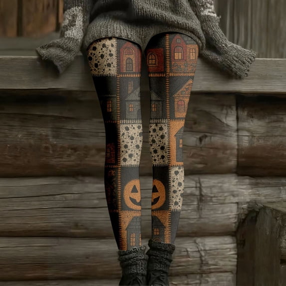 Rggeeun Halloween Leggings for Women Soft Yoga Pants Cat Graphic Elastic Waist Womens Fall Clothes Outdoor Play Trendy,Black,2XL