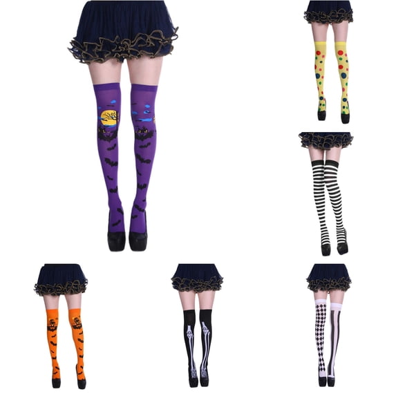 Rggeeun Halloween Socks for Women Cute Skeleton Graphic Womens Socks Stretch Thigh High Socks Cozy Soft Socks Fall Winter Outdoor Play Trendy,Purple,One Size