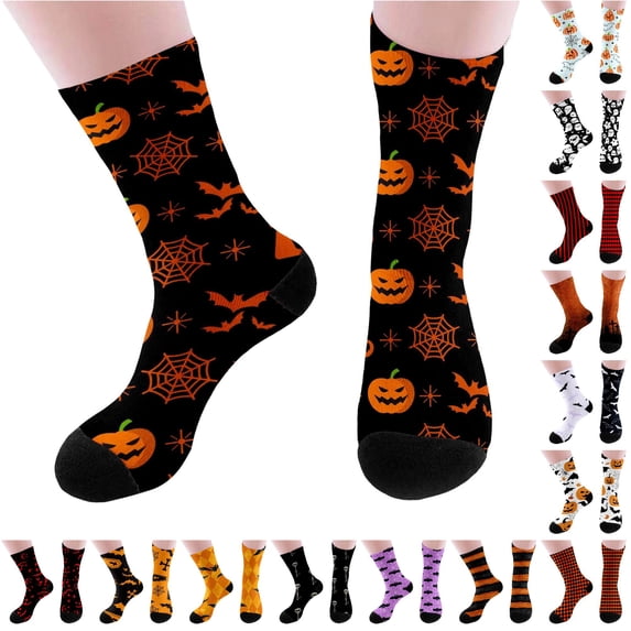 Rggeeun Halloween Socks for Women Pumpkin Bat Graphic Cute Socks Warm Comfort Crew Socks for Women Fall Winter Training Trendy,Black,One Size